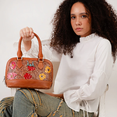 Loyalwest Suave Mini Bag PetalHide - Petal Hide Handtooled Leather And Calfskin Bag Whiskey Black & Co
