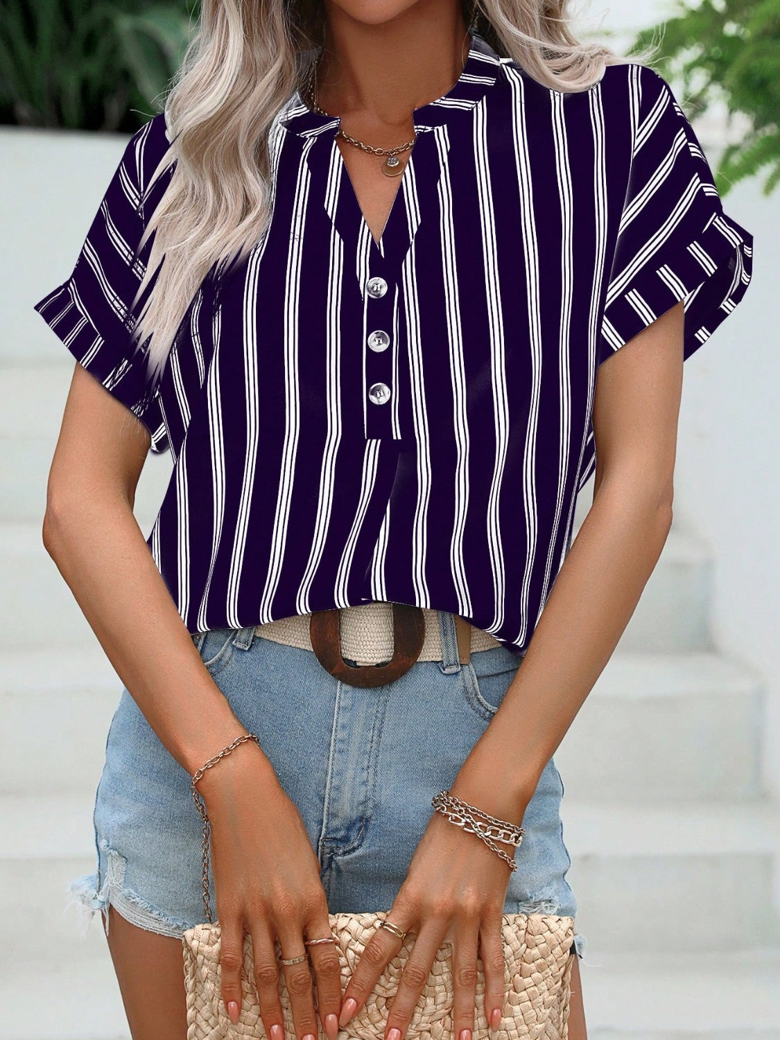 TEEK - Striped Button Notched Short Sleeve Blouse TOPS TEEK Trend   