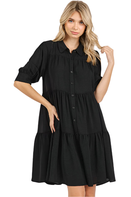 TEEK - Black Button Collared Neck Tiered Shirt Dress DRESS TEEK Trend S