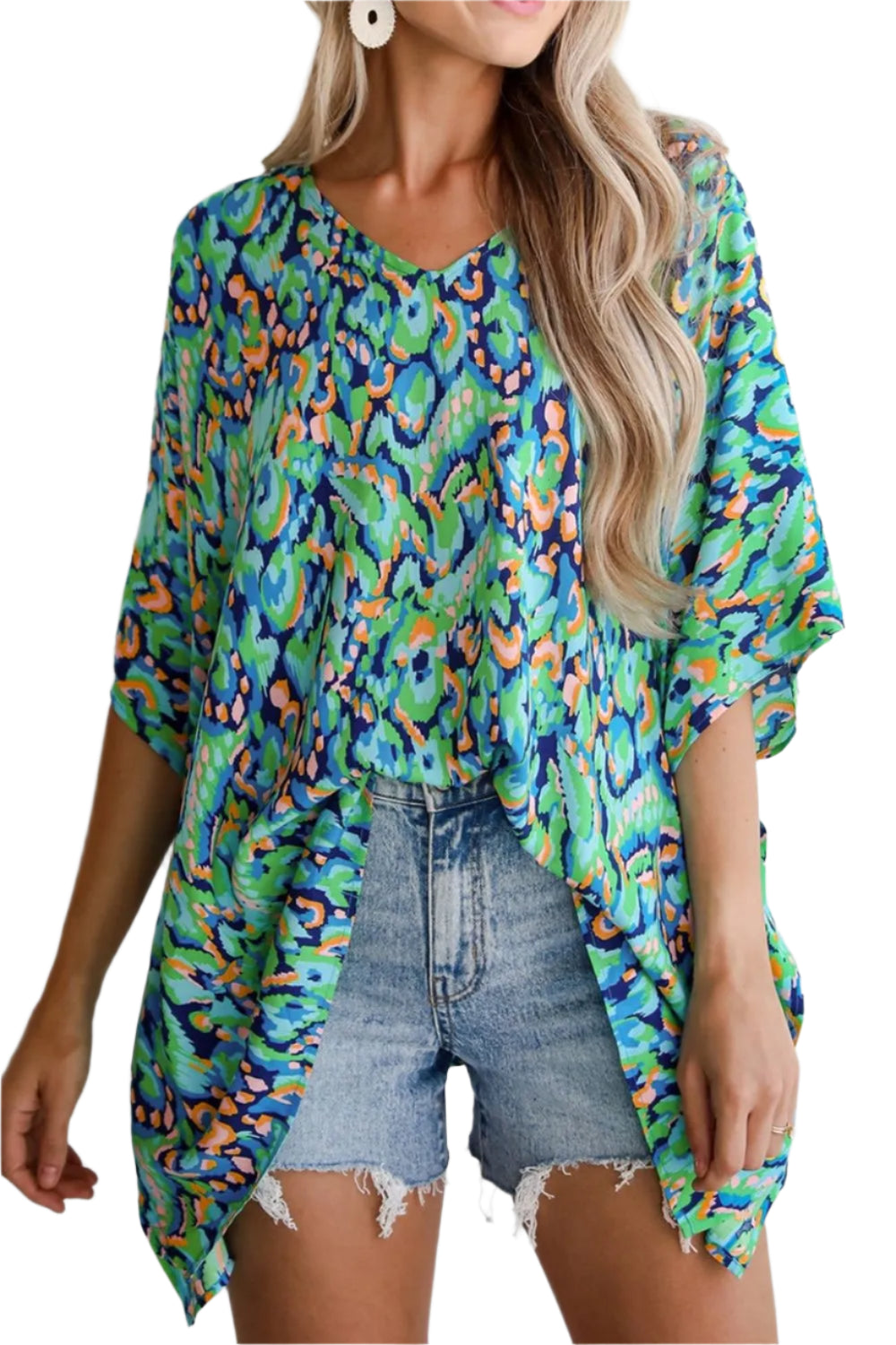 TEEK - Abstract Print V-Neck Half Sleeve Loose Fit Blouse TOPS TEEK Trend Turquoise S