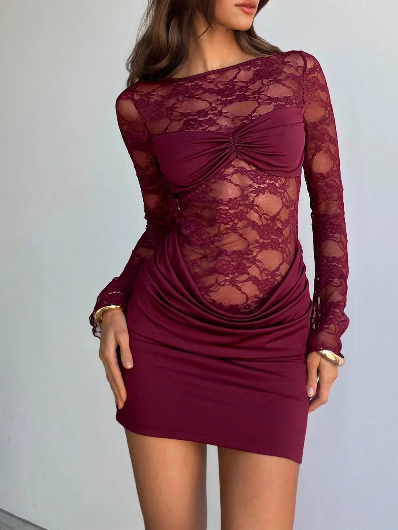 Lace Sheer Cutout Back Long Sleeve Ruched Dress Trendsi