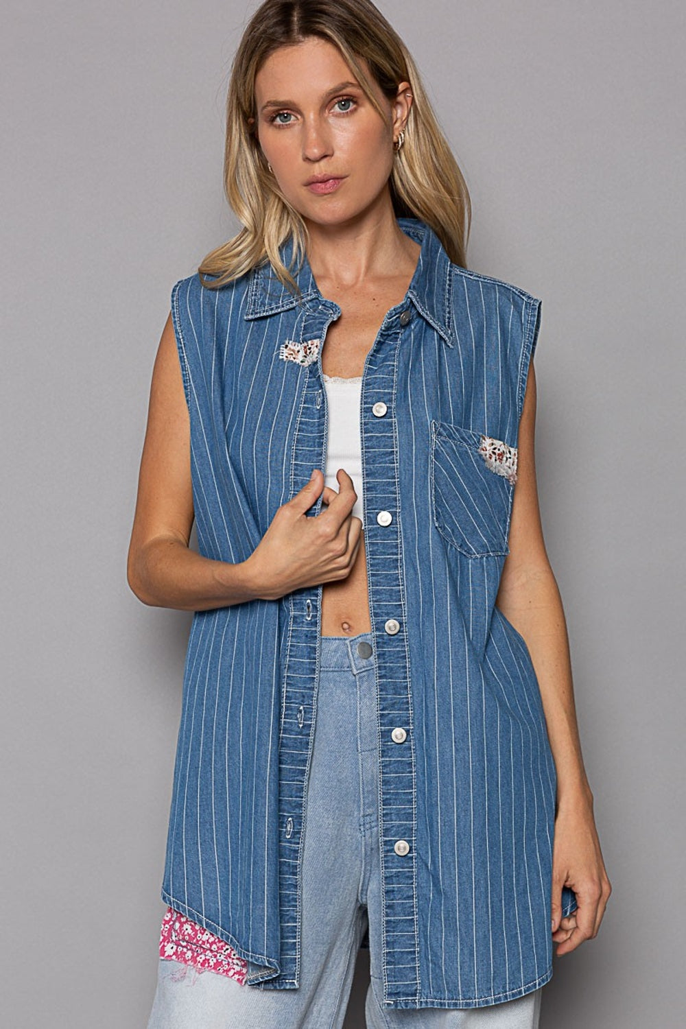 TEEK - Button Down Sleeveless Striped Denim Shirt  TEEK Trend   