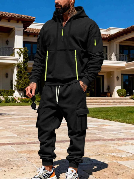 TEEK - Mens Full Size Half Zip Hoodie and Cargo Pants Set SET TEEK Trend Black S