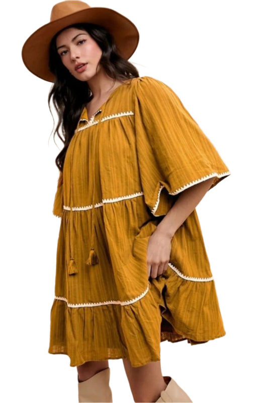 TEEK - Mustard Tassel Trim Tie Neck Half Sleeve Tiered Dress DRESS TEEK Trend S