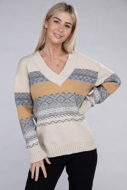 TEEK - Beige Multicolor Stripe V Neck Sweater SWEATER TEEK FG   