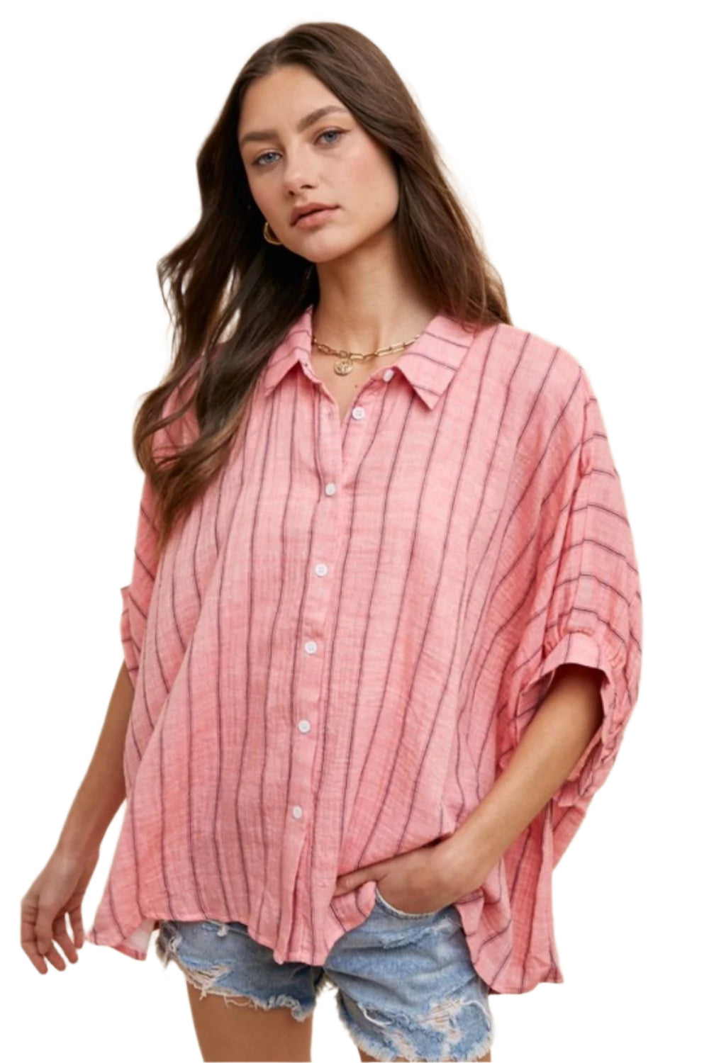 TEEK - Coral Pink Striped Button Up Half Sleeve Shirt TOPS TEEK Trend S