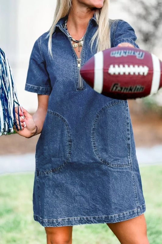 Zip Up Collared Short Sleeve Shift Mini Denim Dress Trendsi