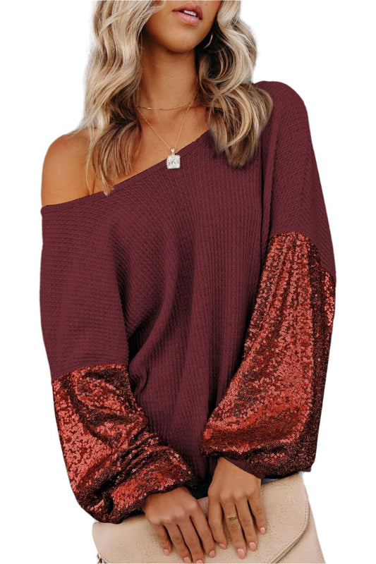 TEEK - Sequin Crisscross Boat Neck Long Sleeve Blouse TOPS TEEK Trend Burgundy S