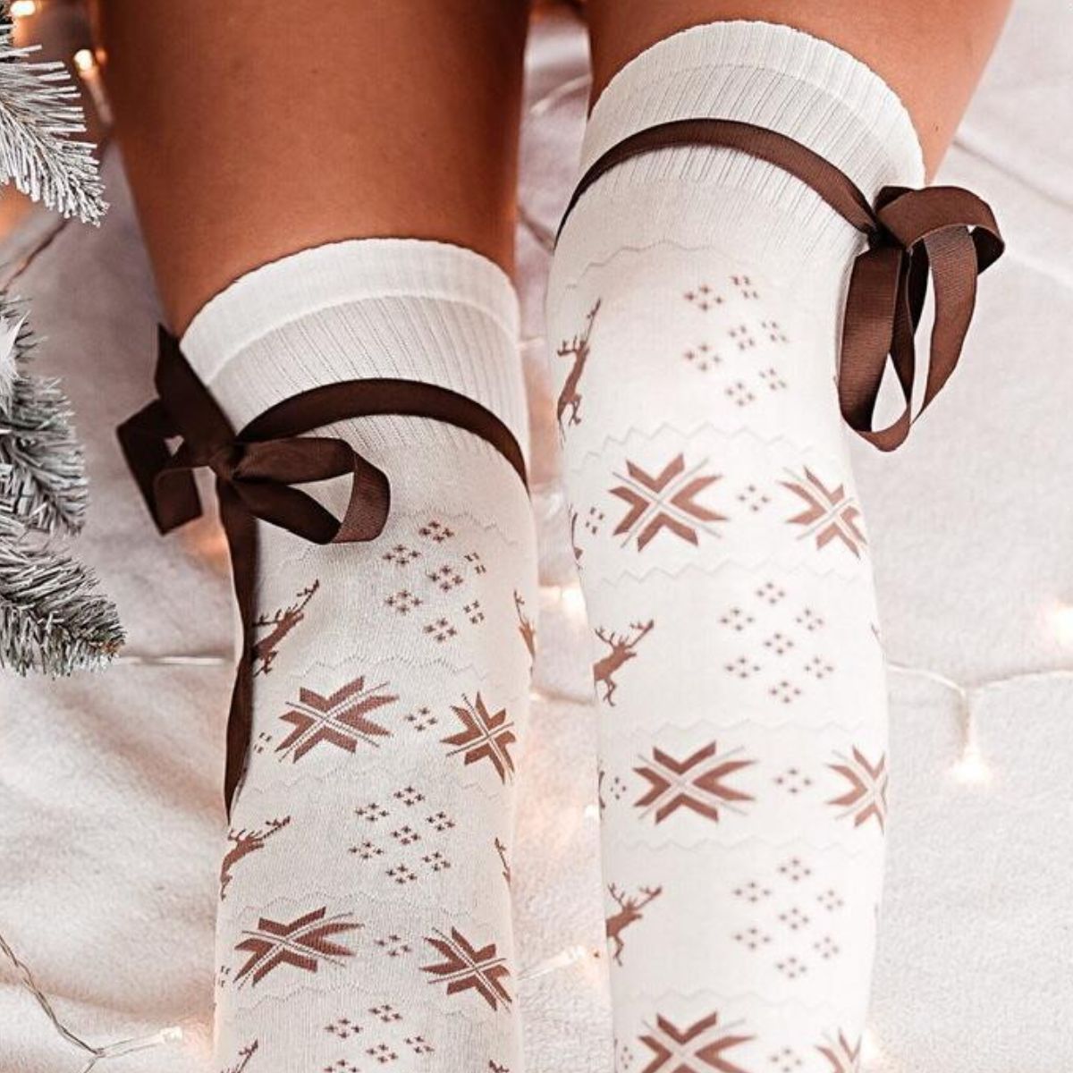 TEEK - Christmas Element Bowknot Ribbed Trim Over Knee Stockings SOCKS TEEK Trend