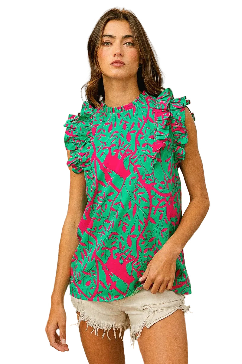 TEEK - Made Fuchsia Leopard Leaves Print Woven Top TOPS TEEK Trend S