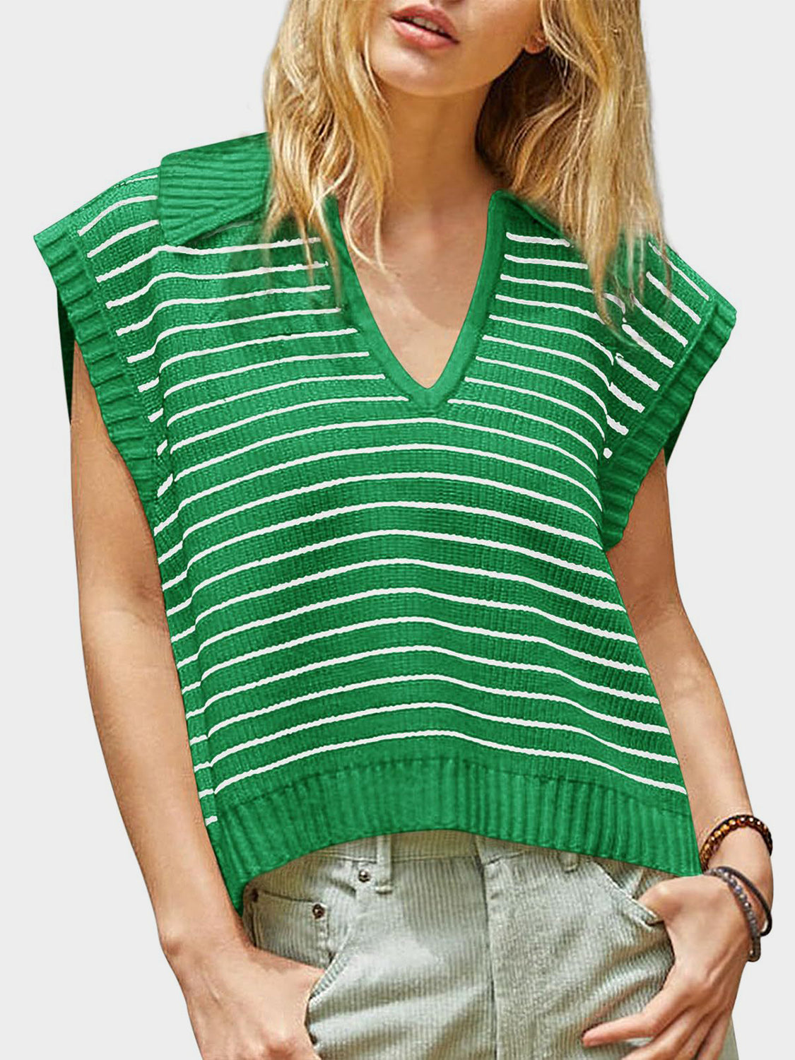 TEEK - Mandy Collared Neck Striped Sweater Vest TOPS TEEK Trend