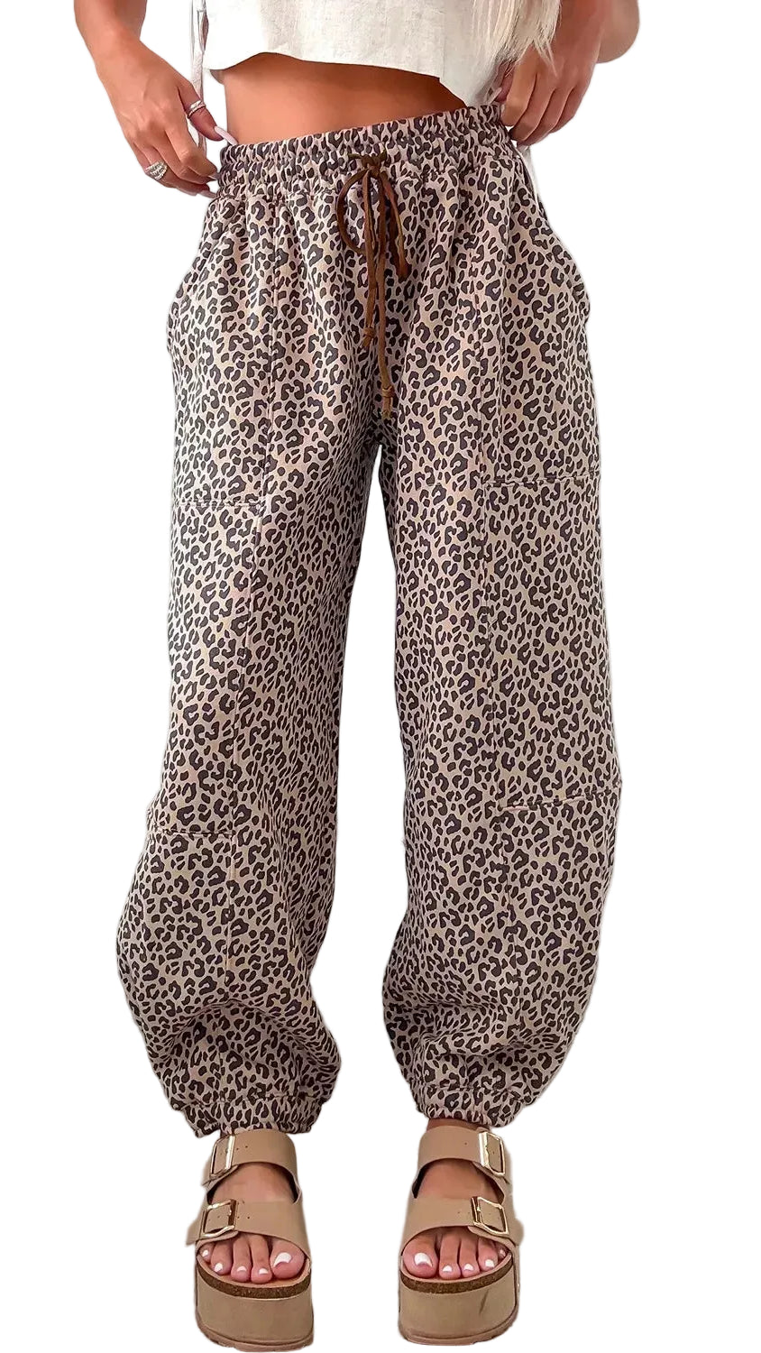 Leopard Print Elastic Waist Ankle Length Pants Trendsi Coffee Brown S
