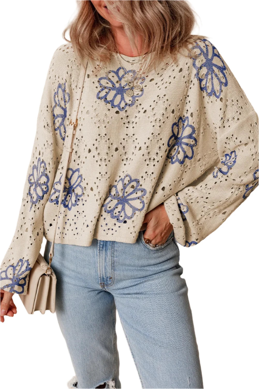 TEEK - Floral Breathable Round Neck Long Sleeve Knit Top TOPS TEEK Trend Beige S 