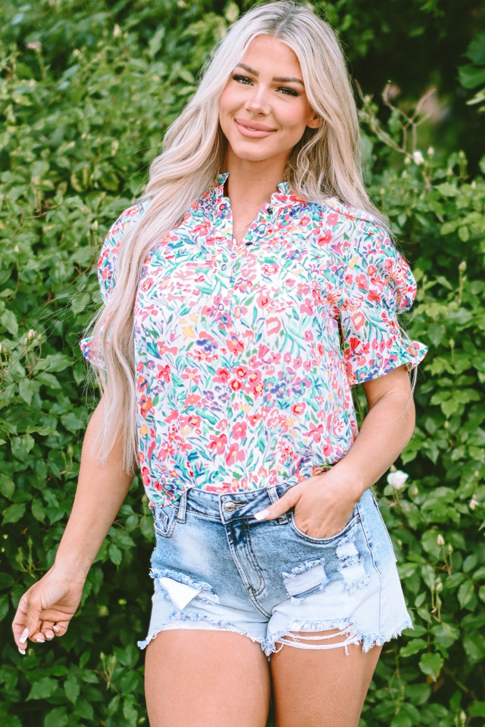 TEEK - Floral Printed Notched Short Sleeve Blouse TOPS TEEK Trend   