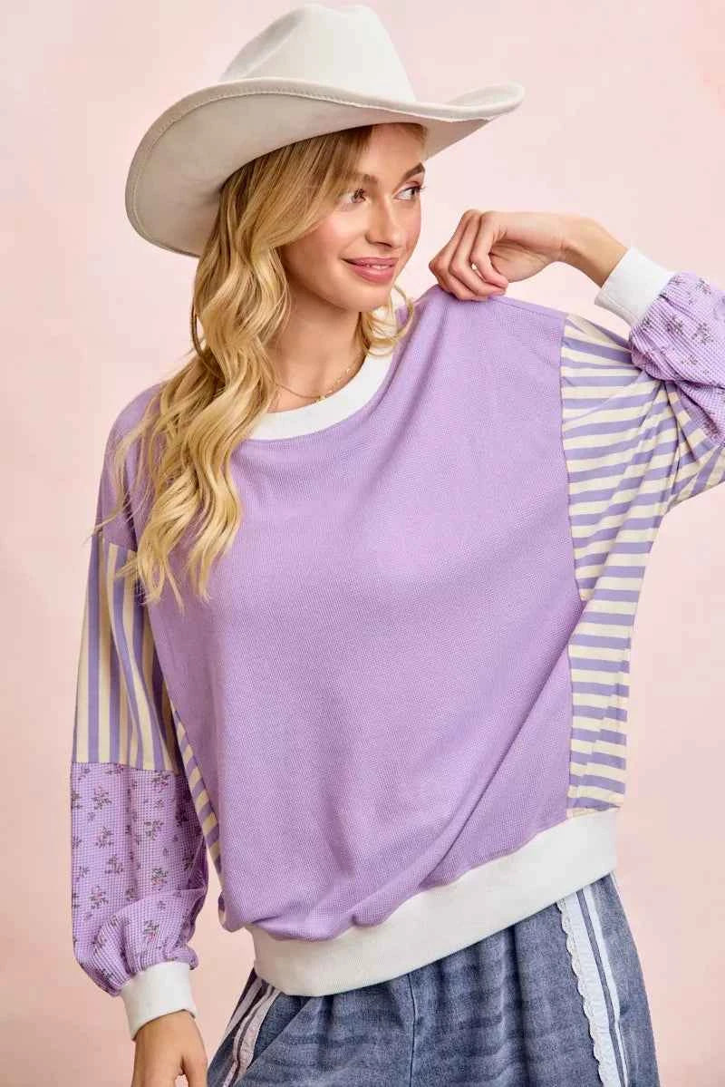 TEEK - Mix and Match Sweatshirt with Floral Sleeve Striped TOPS TEEK Trend