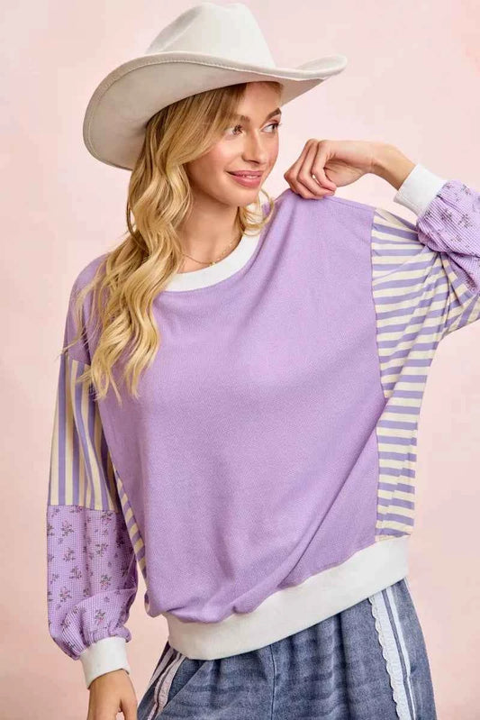 TEEK - Mix and Match Sweatshirt with Floral Sleeve Striped TOPS TEEK Trend