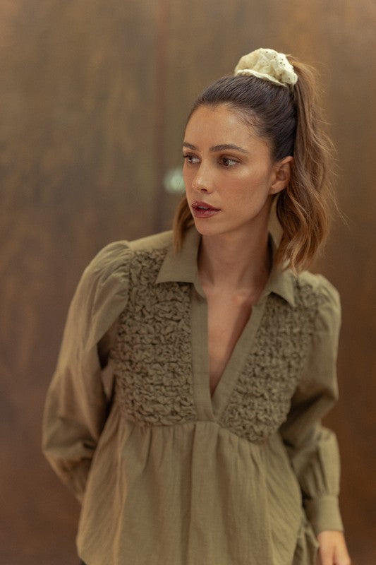 TEEK - Olive Smocked Front Long Sleeve Babydoll Blouse TOPS TEEK Trend S