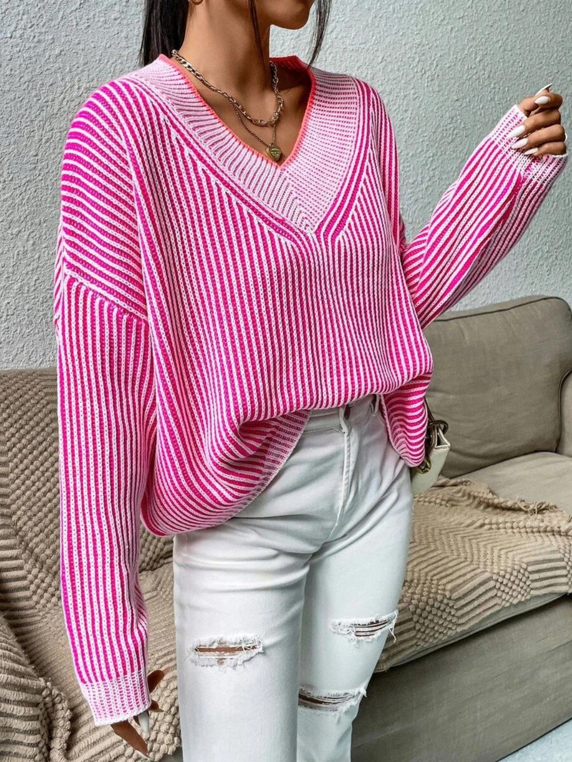 TEEK - Striped V-Neck Long Sleeve Sweater TOPS TEEK Trend