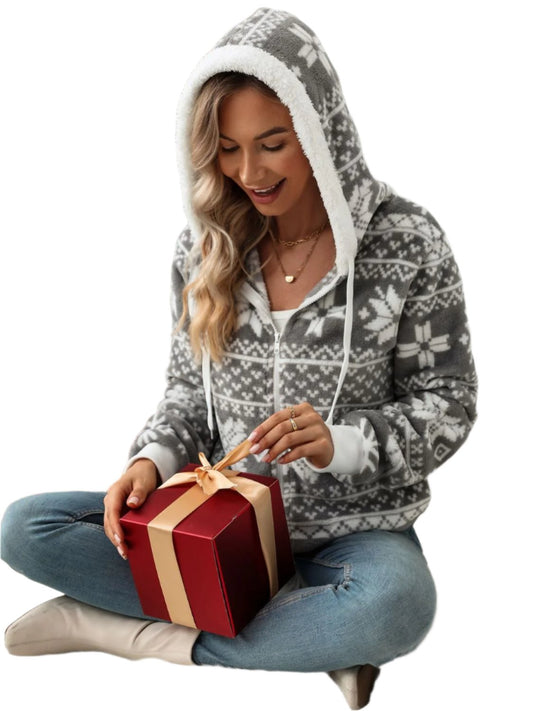 TEEK - Grey Drawstring Snowflake Zip Up Hoodie JACKET TEEK Trend Gray S