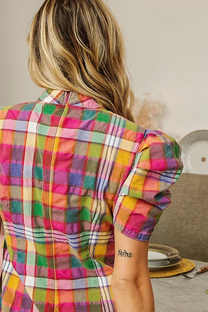 TEEK - Stained Glass Short Puff Sleeve Washed Vintage Plaid Top TOPS TEEK Trend