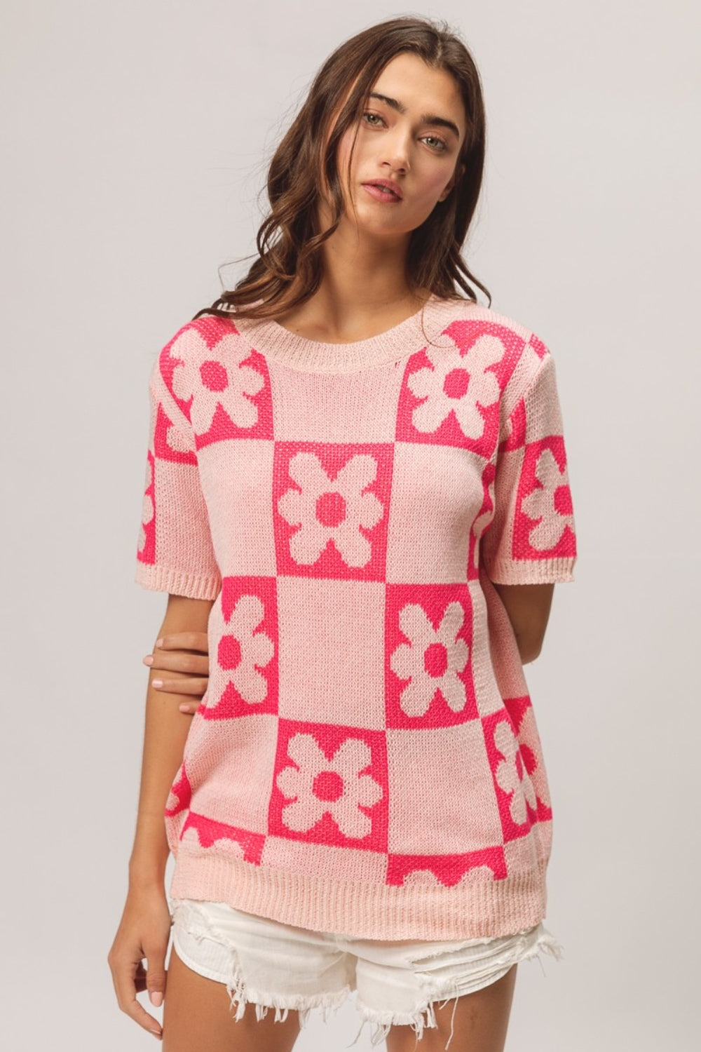 TEEK - Blush Fuchsia Flower Checker Pattern Short Sleeve Sweater SWEATER TEEK Trend   