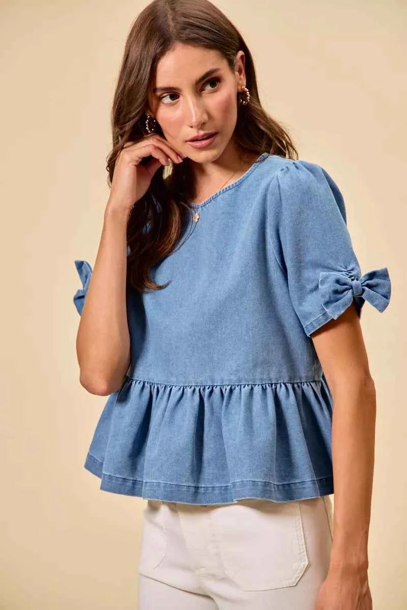 TEEK - Denim Bow Detail Short Sleeves Peplum Top TOPS TEEK Trend