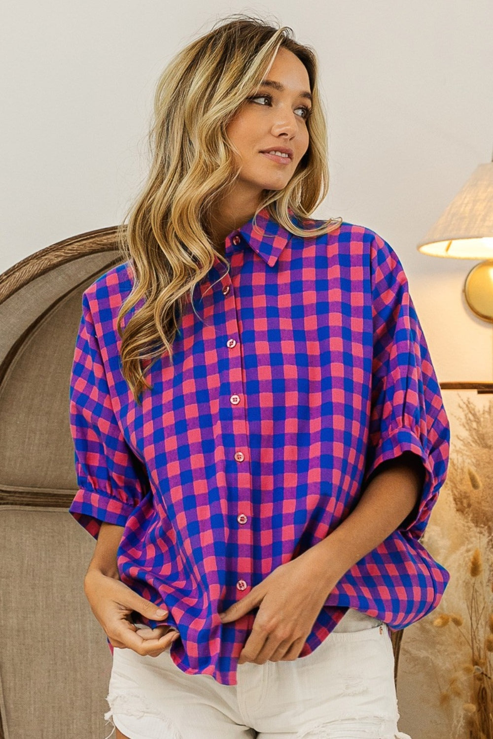 TEEK - Navy Pink Plaid Button Up Dolman Sleeve Shirt TOPS TEEK Trend   