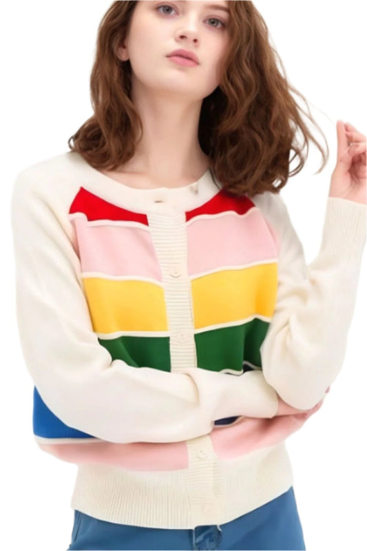 TEEK - Ivory Contrast Button Down Long Sleeve Cardigan SWEATER TEEK Trend S