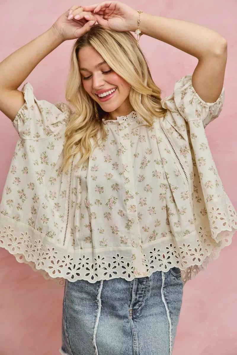TEEK - Floral Print Lace Trim Short Sleeves Blouse TOPS TEEK Trend