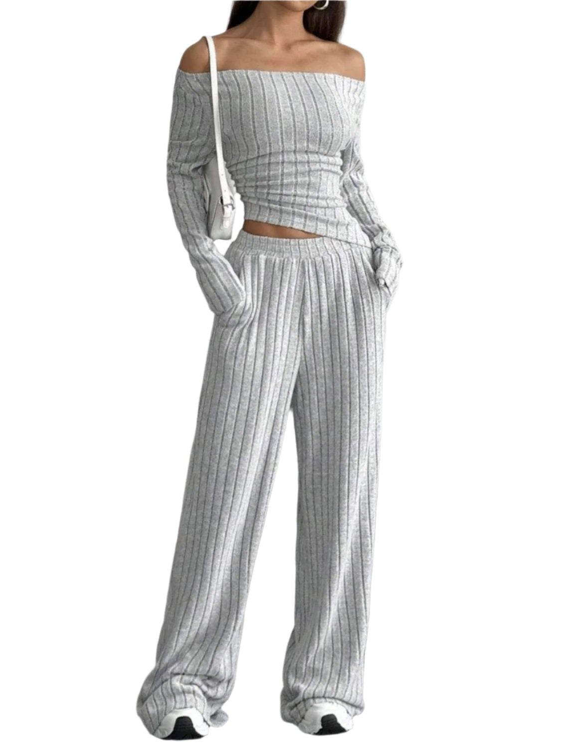 Ribbed Off-Shoulder Top and Pants Set TEEK Trend Light Gray XS