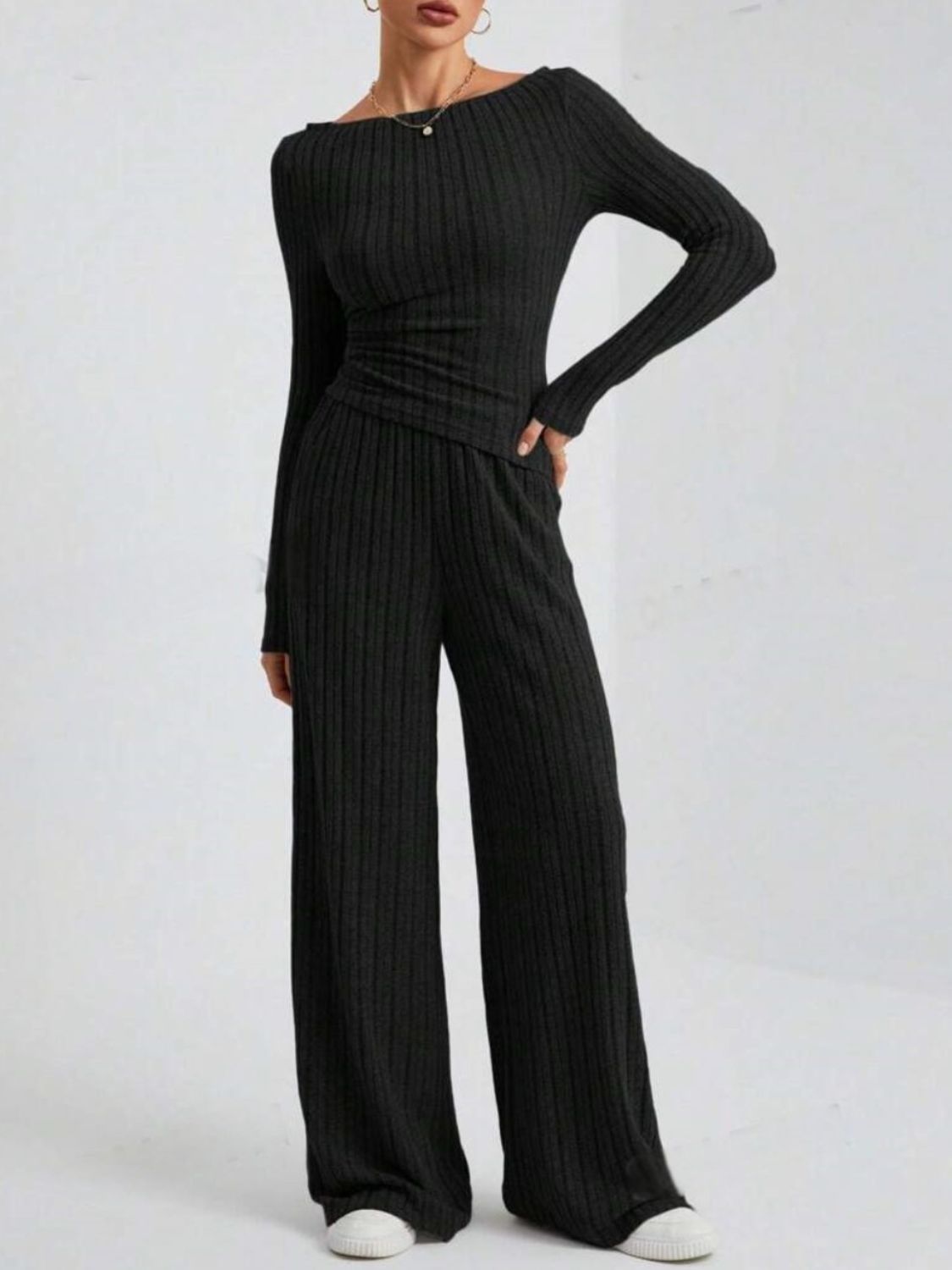 Ribbed Off-Shoulder Top and Pants Set TEEK Trend Black XS