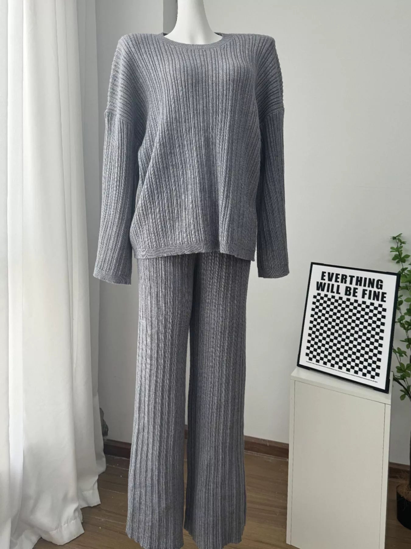 3-Piece Crew Neck Ribbed Sweater and Wide-Leg Pants Set with Scarf Trendsi