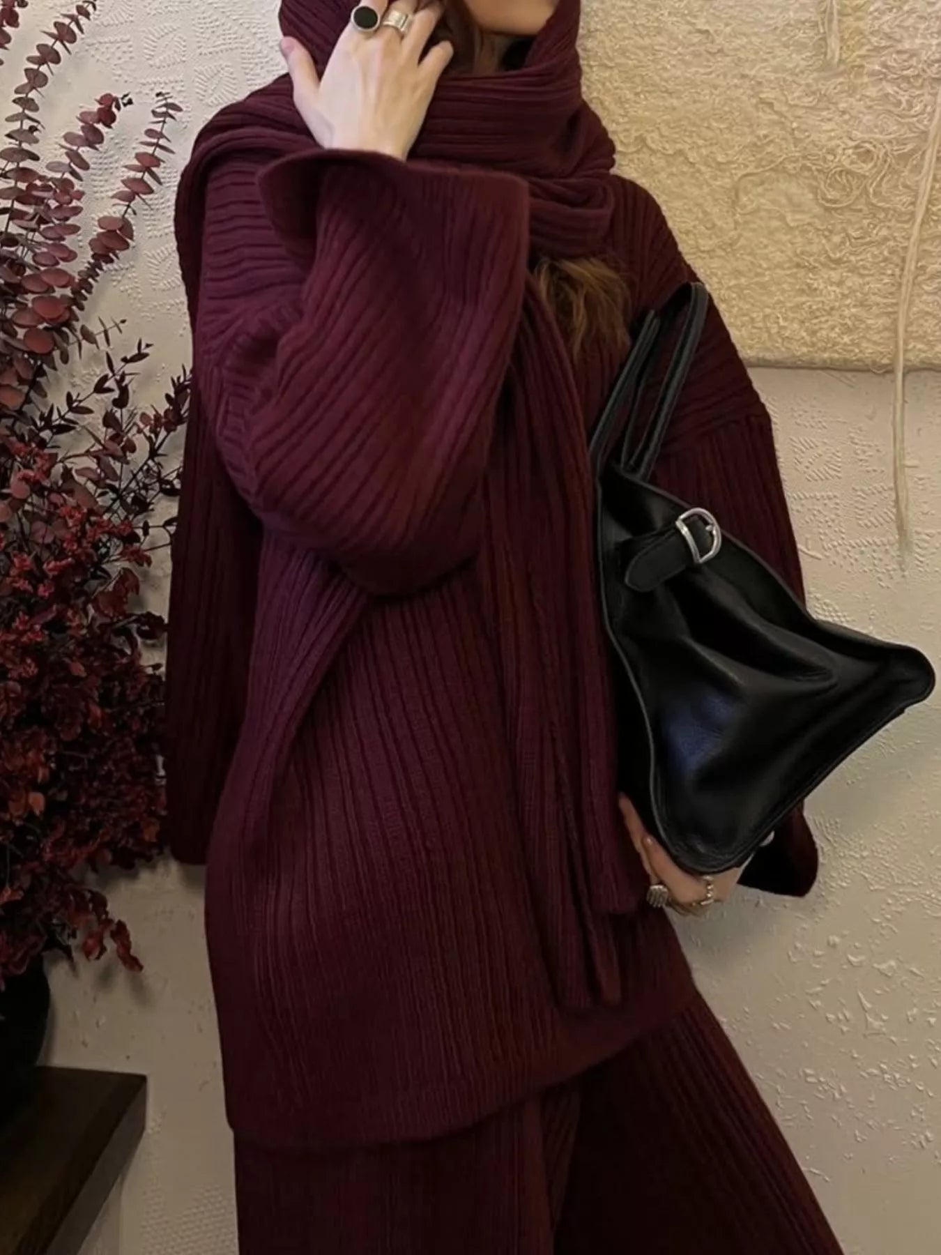 3-Piece Crew Neck Ribbed Sweater and Wide-Leg Pants Set with Scarf Trendsi