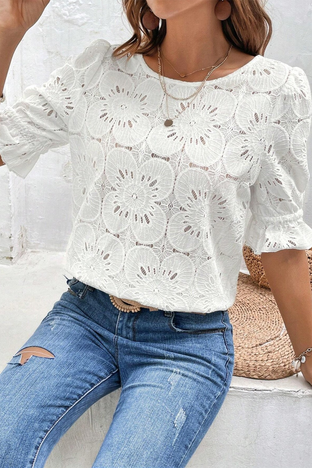 TEEK - White Floral Ruffle Flounce Sleeve Blouse TOPS TEEK Trend   