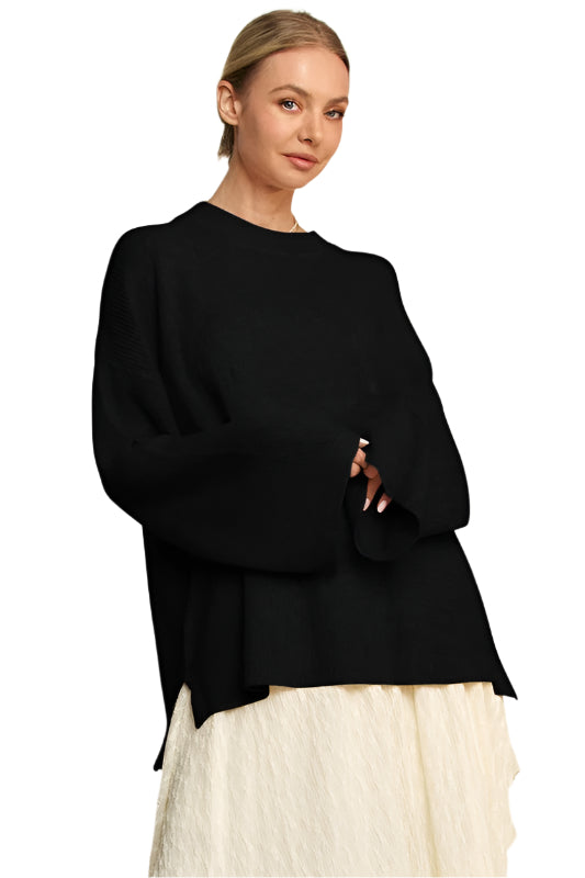 TEEK - Black High-Low Round Neck Drop Shoulder Sweater TOPS TEEK Trend S