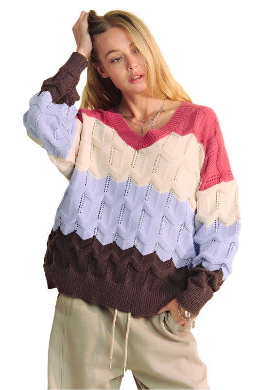 TEEK - Mauve Light Blue Wavy Texture Color Block V-Neck Sweater TOPS TEEK Trend S