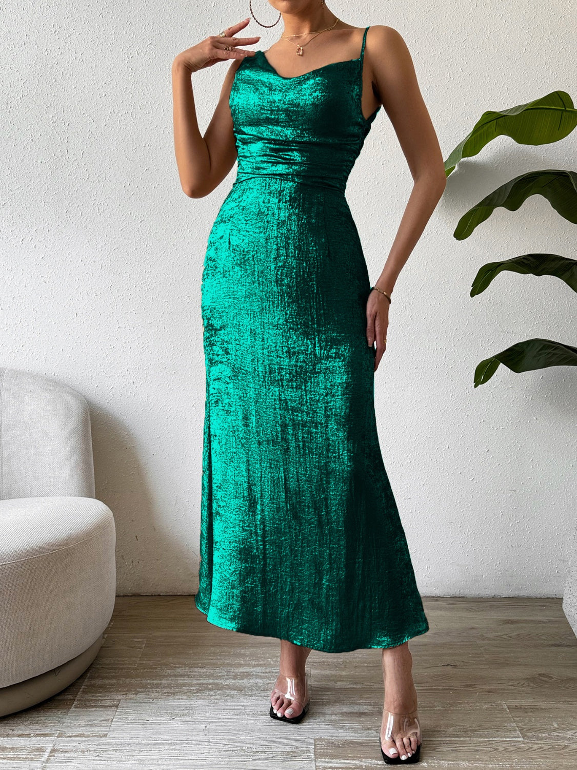 TEEK - Asymmetric Neck Sleeveless Midi Dress DRESS TEEK Trend Dark Green S 