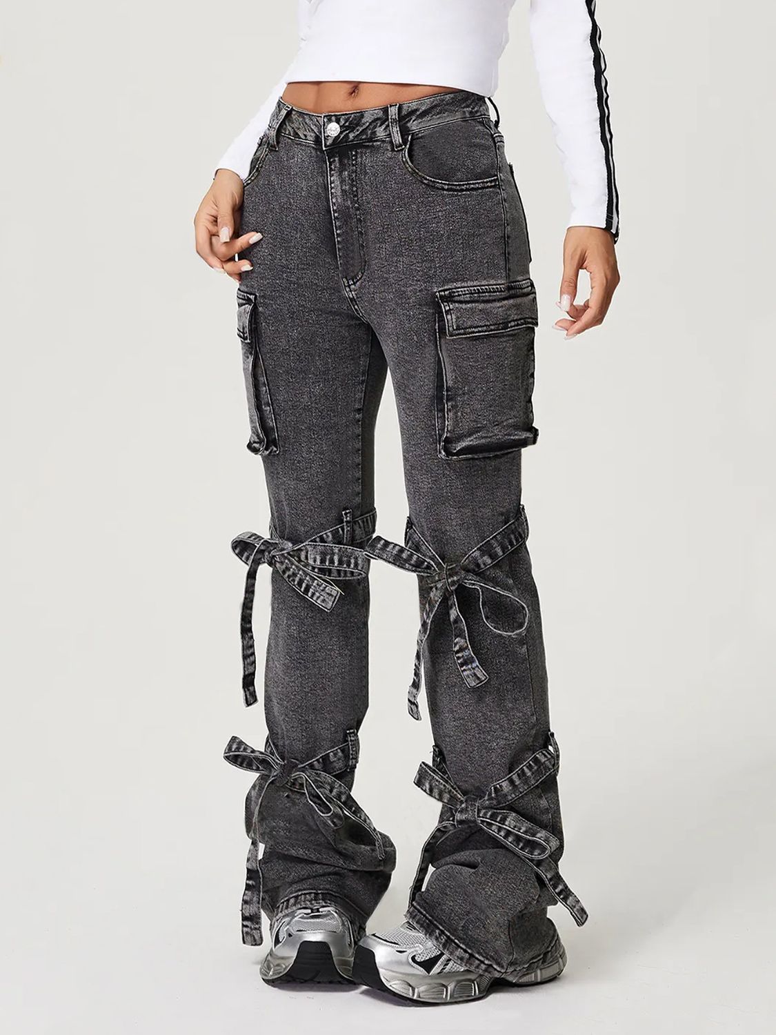 Bow Tied Mid Rise Jeans with Cargo Pockets TEEK Trend