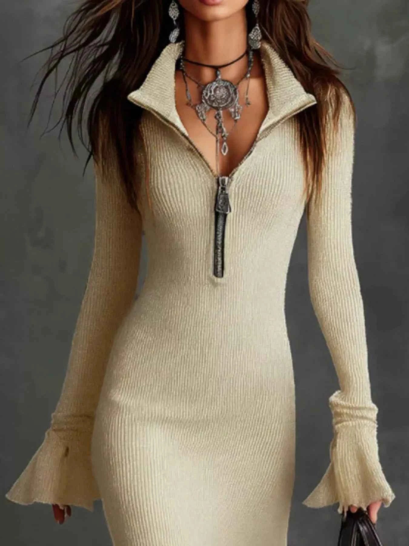 TEEK - Ribbed Knit Zip Front Flare Hem Midi Dress Trendsi