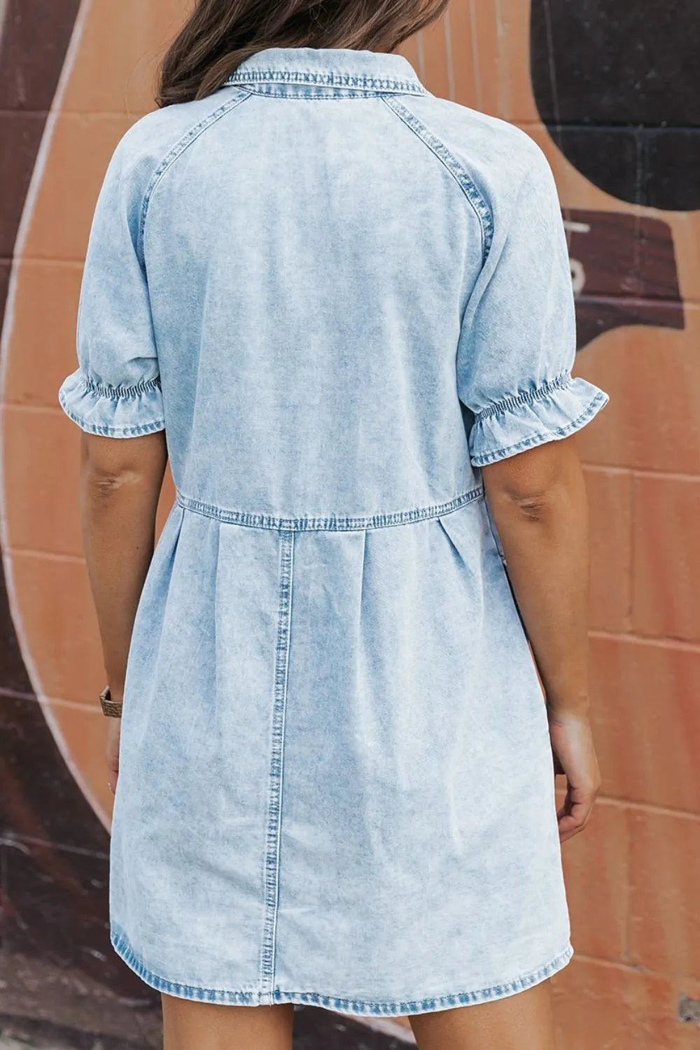 TEEK - Light Mineral Wash Ruffle Sleeve Denim Dress DRESS TEEK Trend