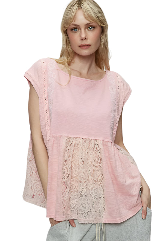 TEEK - Blush Pink Embroidered Boat Neck Cap Sleeve Lace Blouse TOPS TEEK Trend S