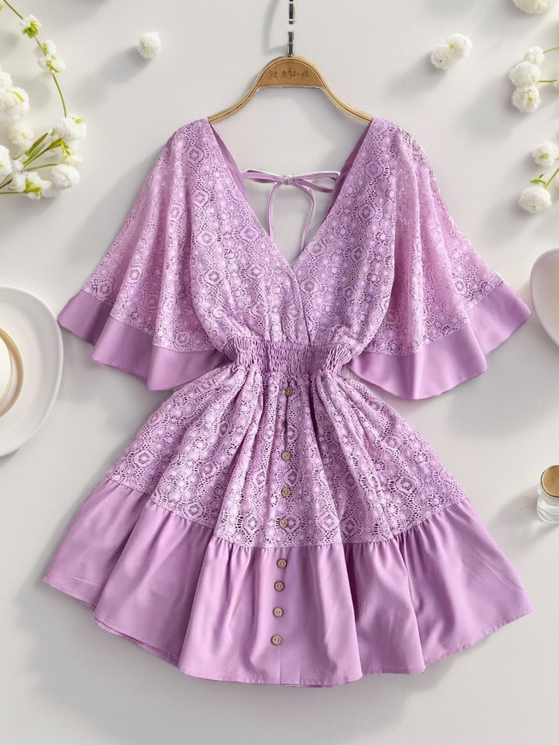 TEEK - Lace Cutout Half Sleeve Mini Dress DRESS TEEK Trend Lavender S 