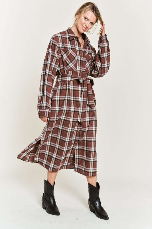 TEEK - PLUS SIZE  PLAID PRINT COLLAR LONG SHIRT DRESS DRESS TEEK FG MAUVE 1X 