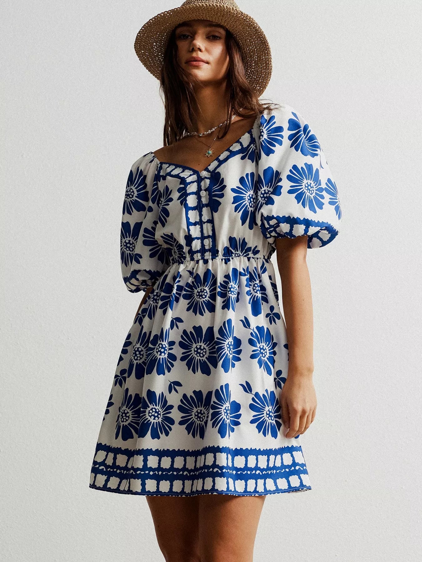 Floral Print Puff Sleeve Mini Dress Trendsi