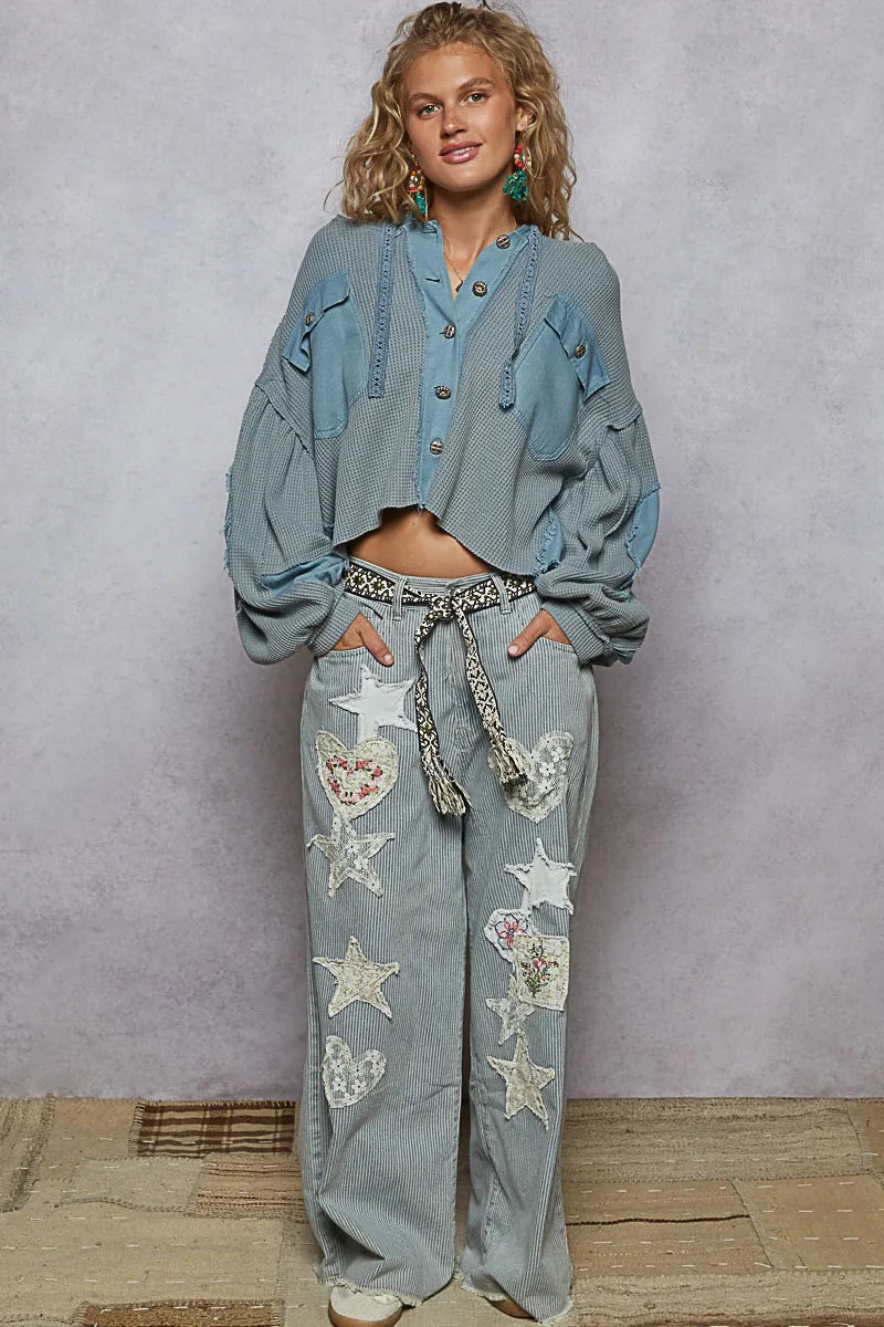 TEEK - Cornflower Blue Contrast Cropped Raw Edge Shacket TOPS TEEK Trend
