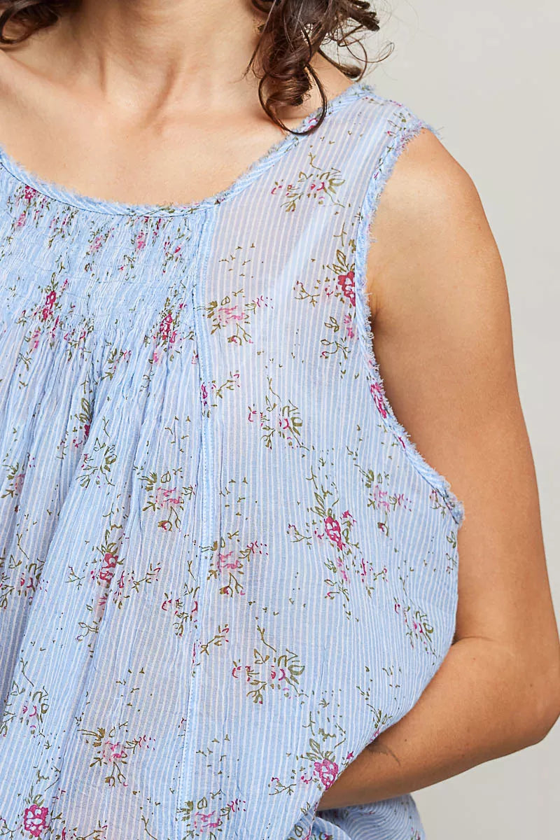 POL Round Neck Sleeveless Floral Pleated Cotton Top Trendsi