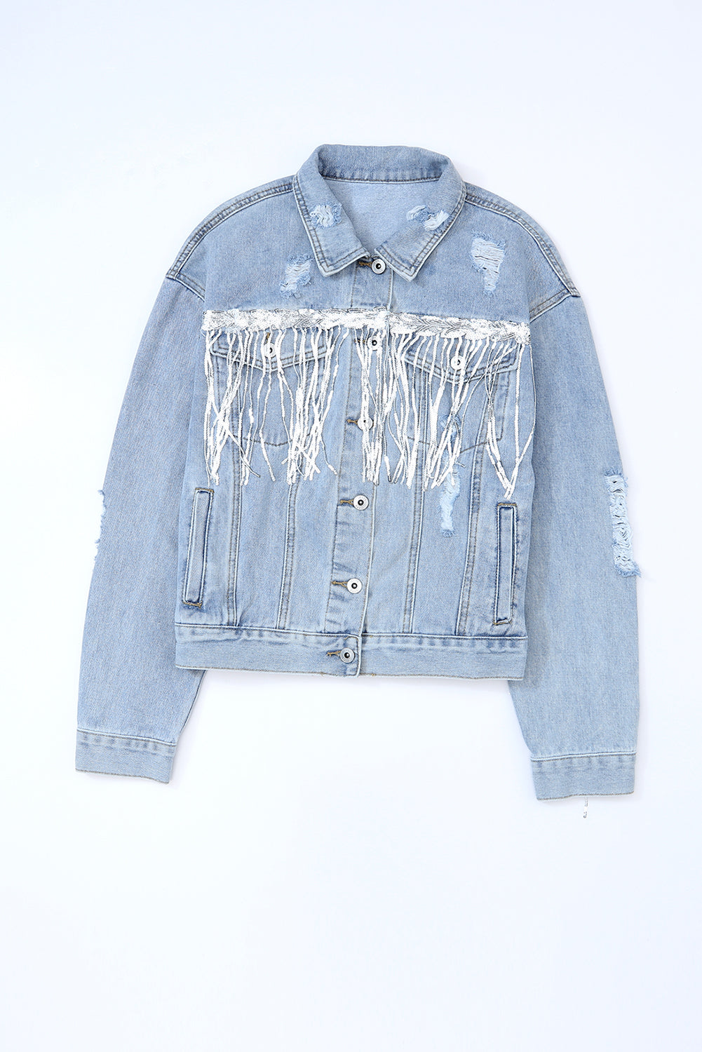 TEEK - Sequin Fringe Trim Distressed Button Up Denim Jacket JACKET TEEK Trend