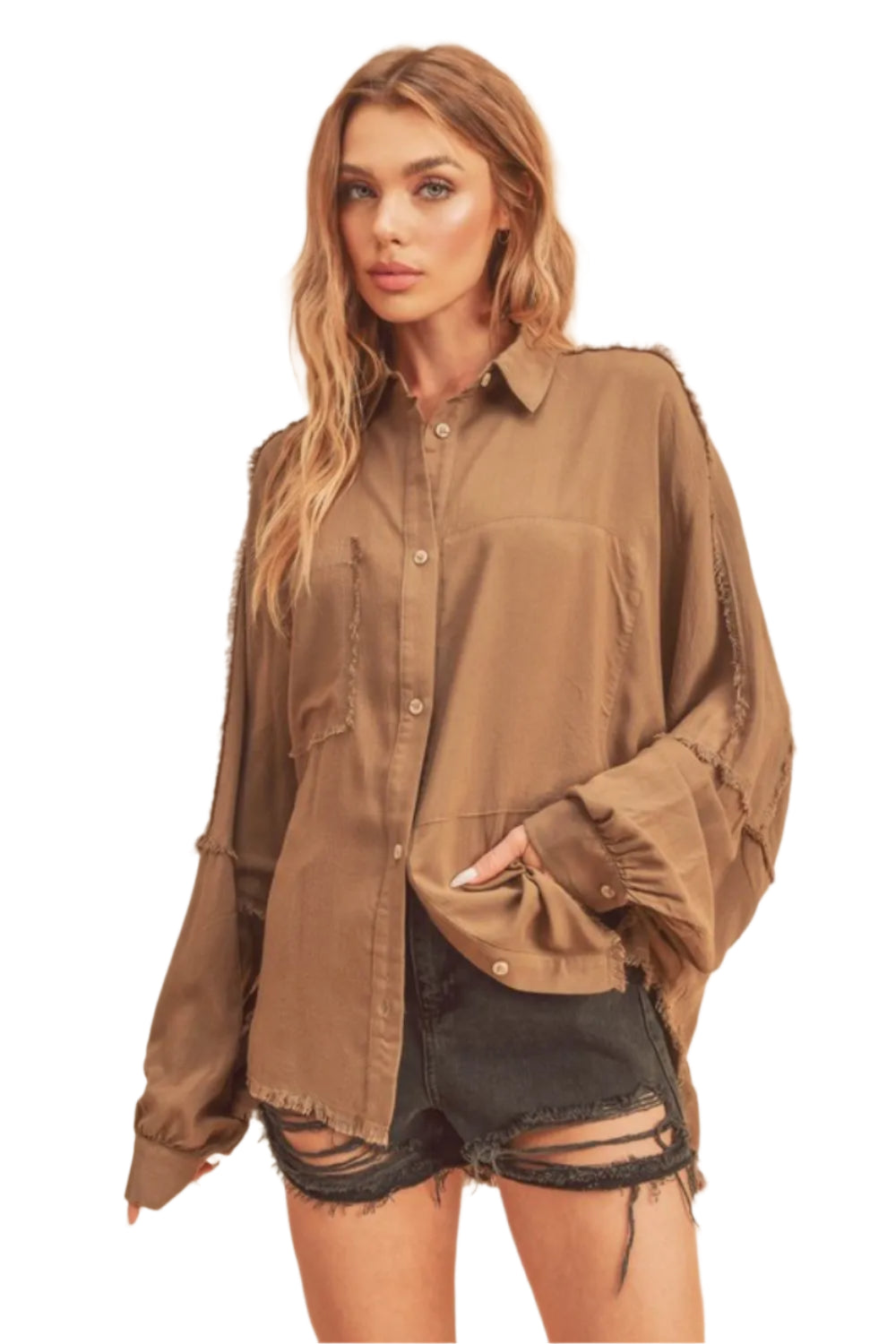 TEEK - Camel Raw Edge Exposed Seam Collared Long Sleeve Shirt TOPS TEEK Trend S
