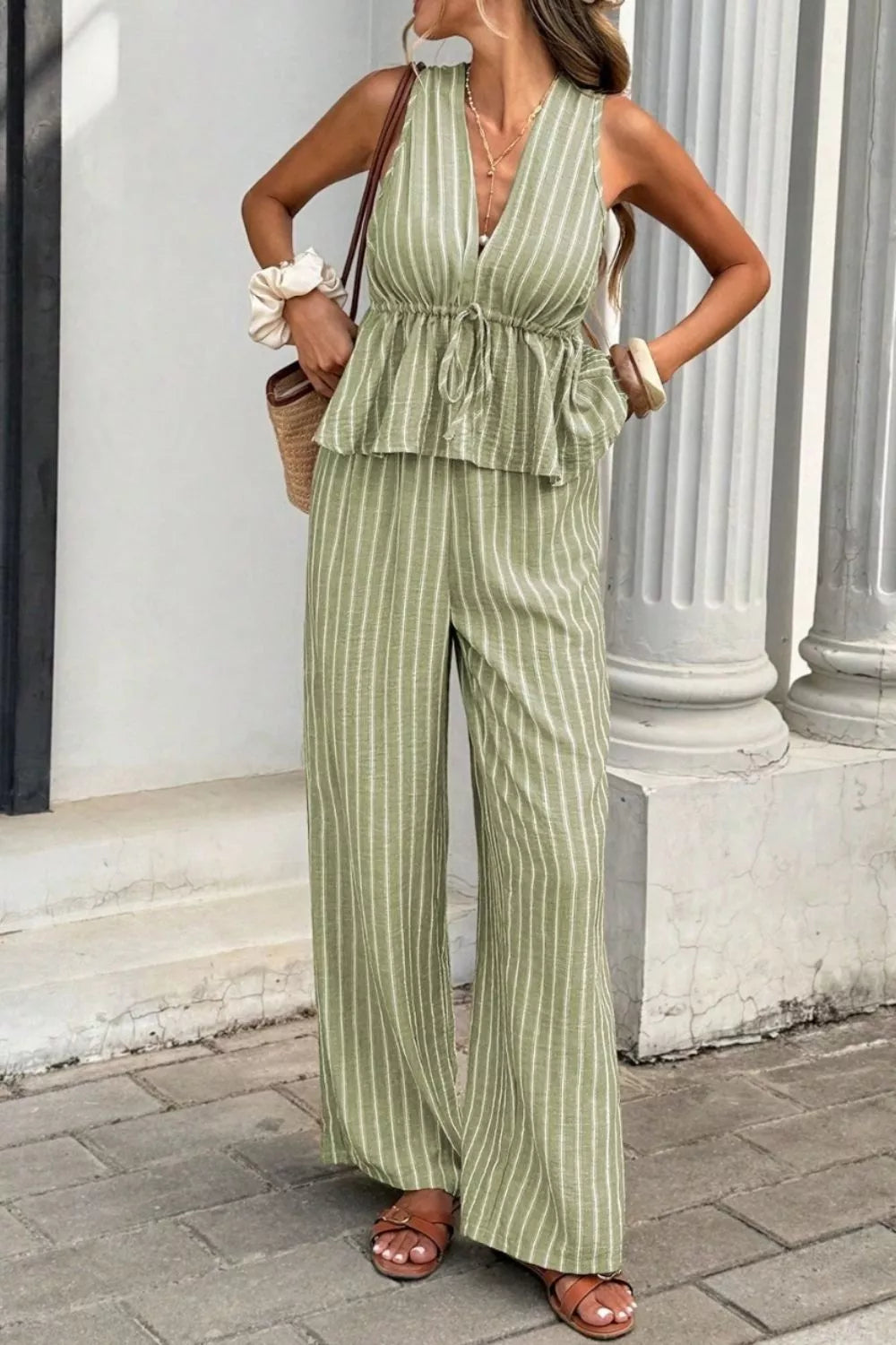 Striped Sleeveless Top and Wide Leg Pants Set Trendsi