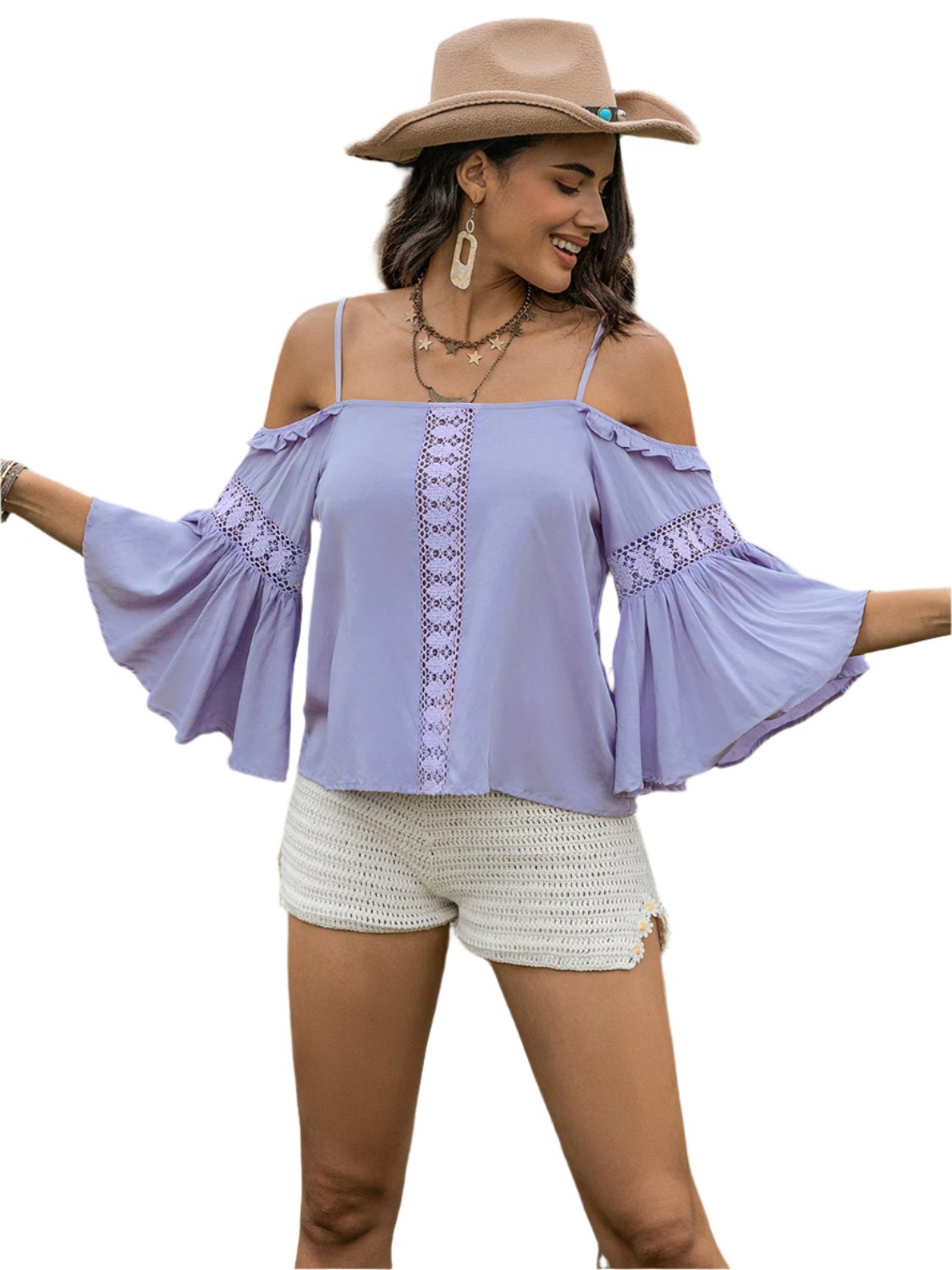 TEEK - Bue Purple Square Neck Flare Sleeve Blouse TOPS TEEK Trend S  